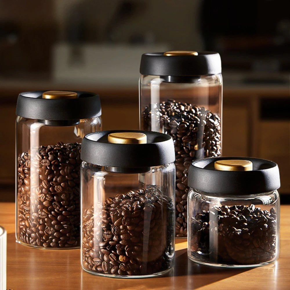 Vacuum Sealed Transparent Glass Coffee Bean Storage Jar with Moisture-Proof Airtight Design