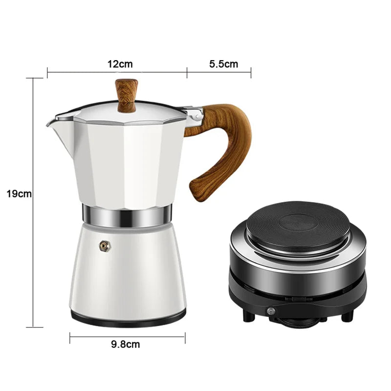 300ml Retro Wooden Handle Espresso Maker with Modern Electric Stove Compatibility