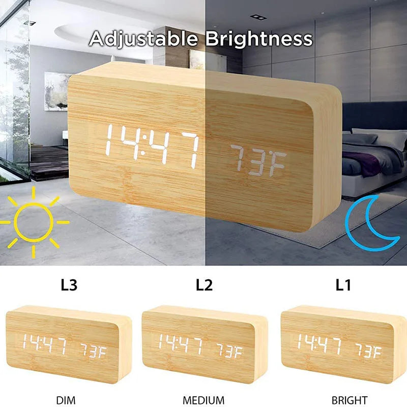 Wooden LED Alarm Clock – Stylish, Modern & Multifunctional