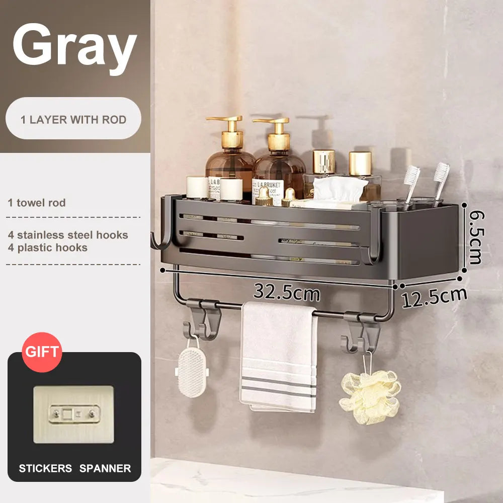 Space-Saving Bathroom Corner Shelf with Plastic Hook and Towel Bar for No-Drill Installation