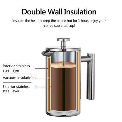 Premium Double-Walled Stainless Steel French Press Coffee Maker Pot