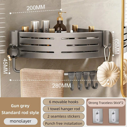 Space-Saving Bathroom Corner Shelf with Plastic Hook and Towel Bar for No-Drill Installation