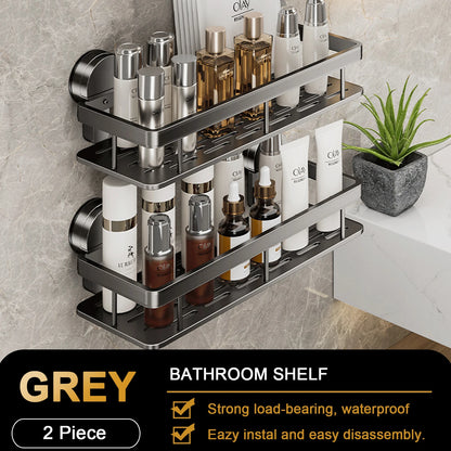 Elegant Wall-Mounted Aluminium Shower Rack with Secure Suction Cup Design for Bathroom Storage