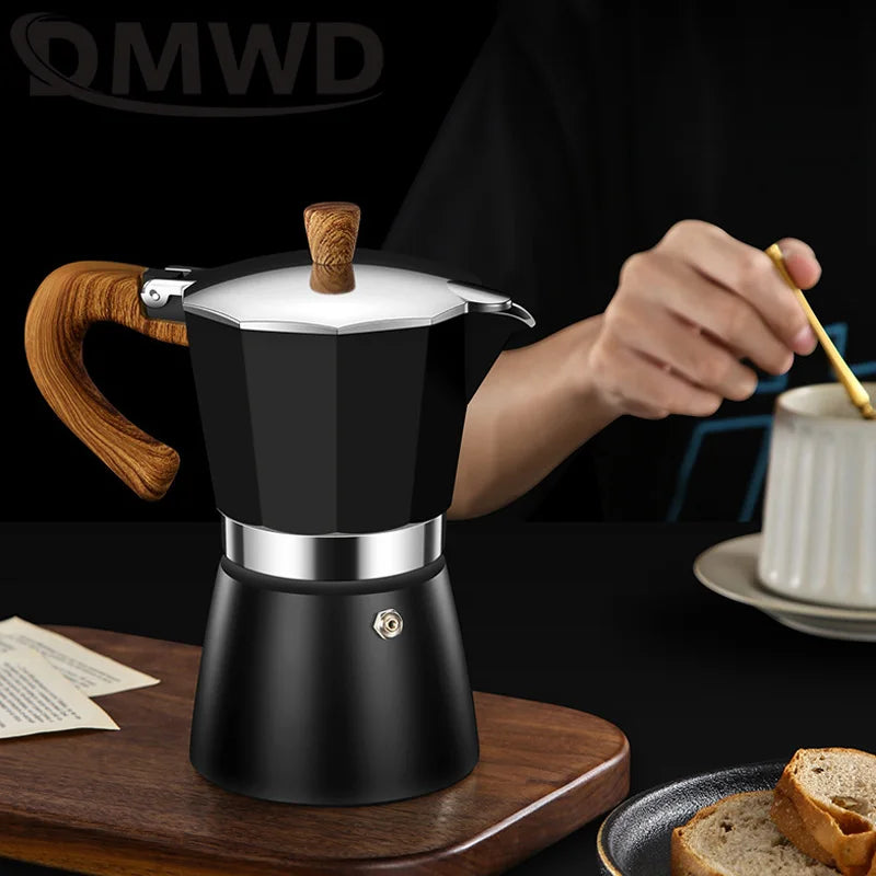 300ml Retro Wooden Handle Espresso Maker with Modern Electric Stove Compatibility