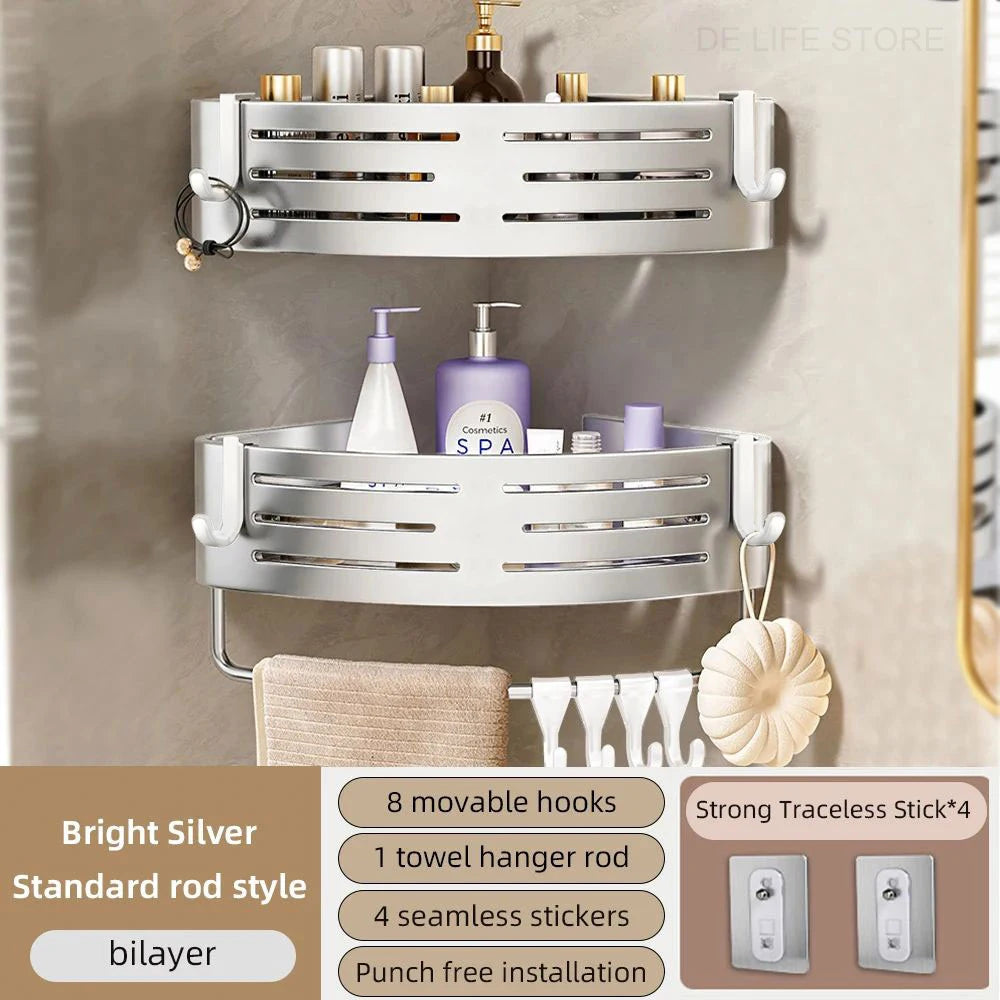 Space-Saving Bathroom Corner Shelf with Plastic Hook and Towel Bar for No-Drill Installation