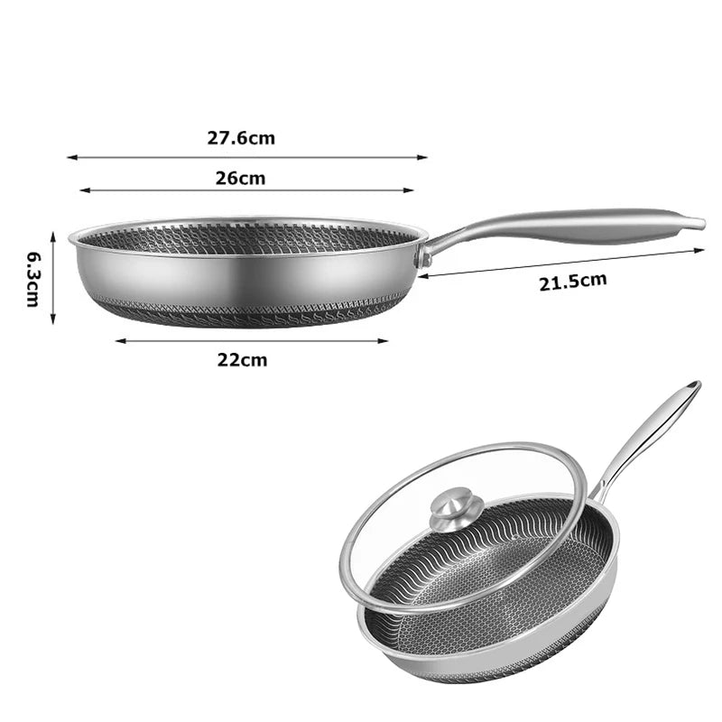 Premium Stainless Steel Nonstick Honeycomb Frying Pan with Lid for Induction and Gas Cooktops