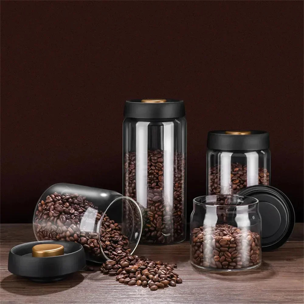 Vacuum Sealed Transparent Glass Coffee Bean Storage Jar with Moisture-Proof Airtight Design