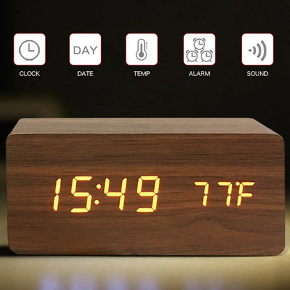 Wooden LED Alarm Clock – Stylish, Modern & Multifunctional