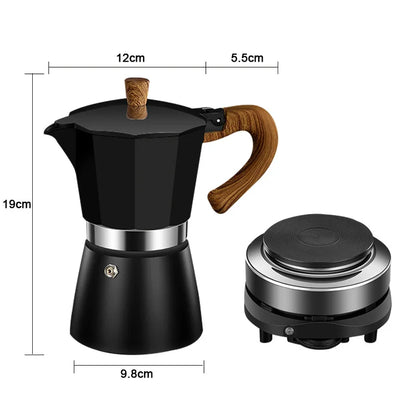 300ml Retro Wooden Handle Espresso Maker with Modern Electric Stove Compatibility