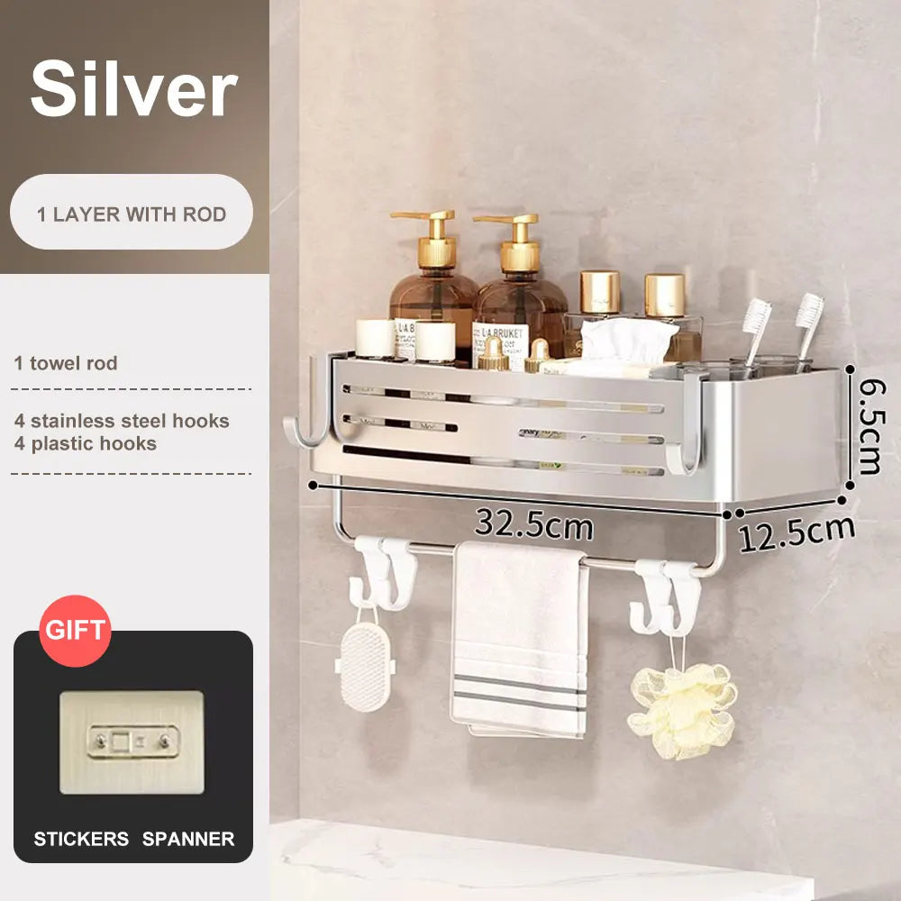 Space-Saving Bathroom Corner Shelf with Plastic Hook and Towel Bar for No-Drill Installation