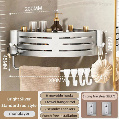 Space-Saving Bathroom Corner Shelf with Plastic Hook and Towel Bar for No-Drill Installation