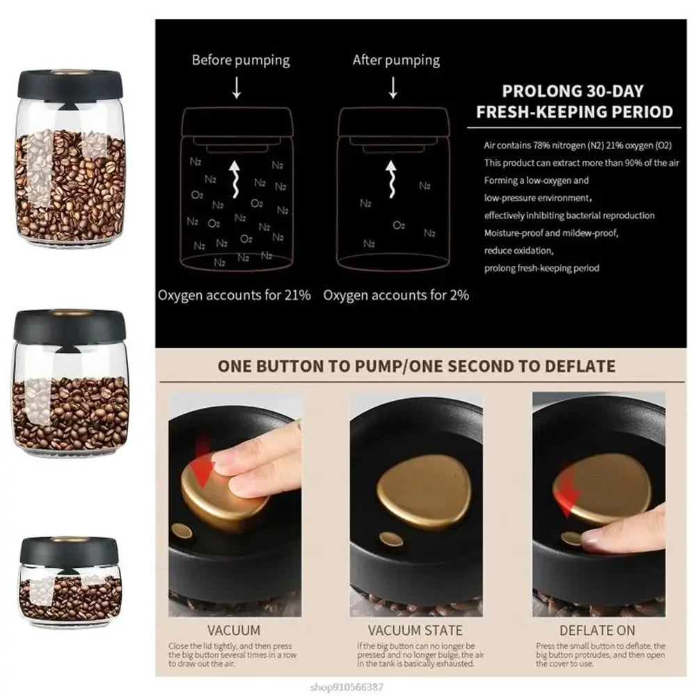 Vacuum Sealed Transparent Glass Coffee Bean Storage Jar with Moisture-Proof Airtight Design