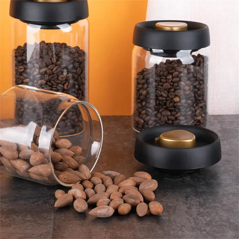 Vacuum Sealed Transparent Glass Coffee Bean Storage Jar with Moisture-Proof Airtight Design