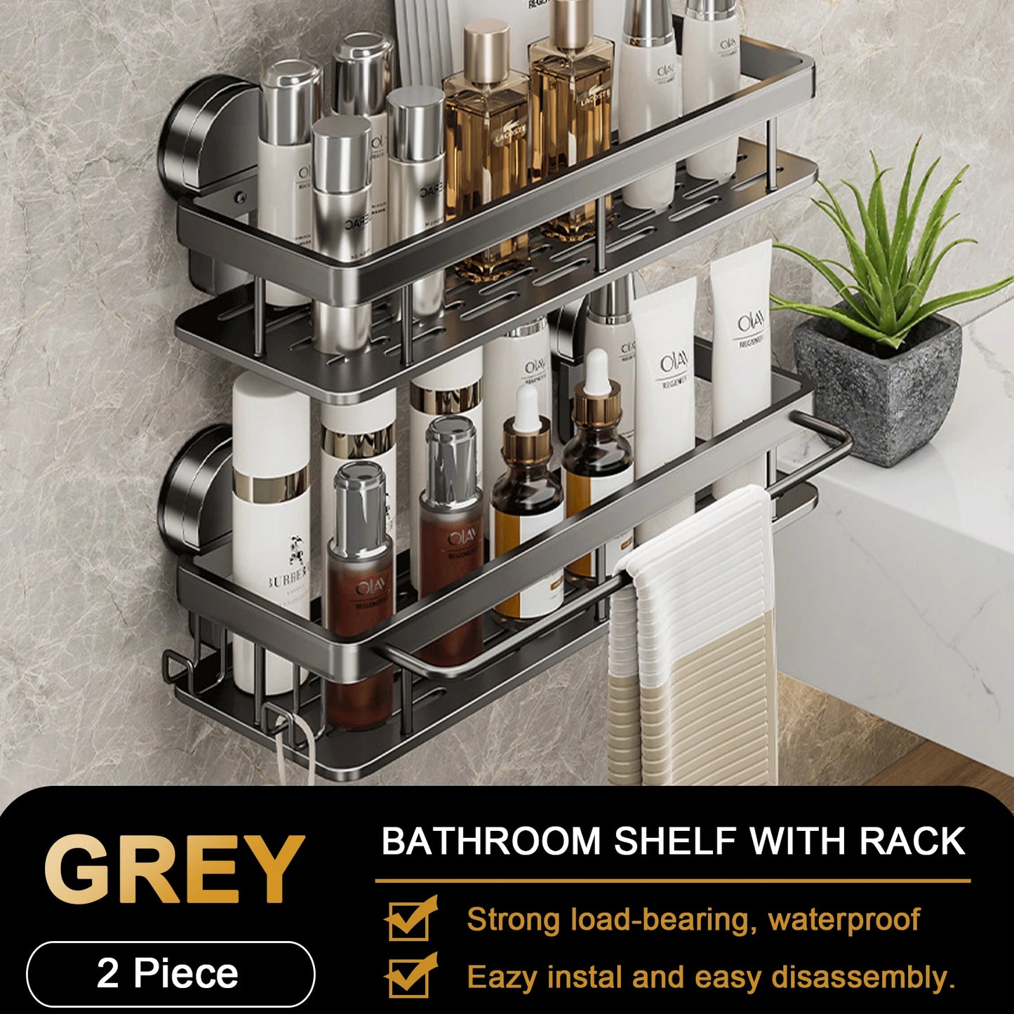 Elegant Wall-Mounted Aluminium Shower Rack with Secure Suction Cup Design for Bathroom Storage