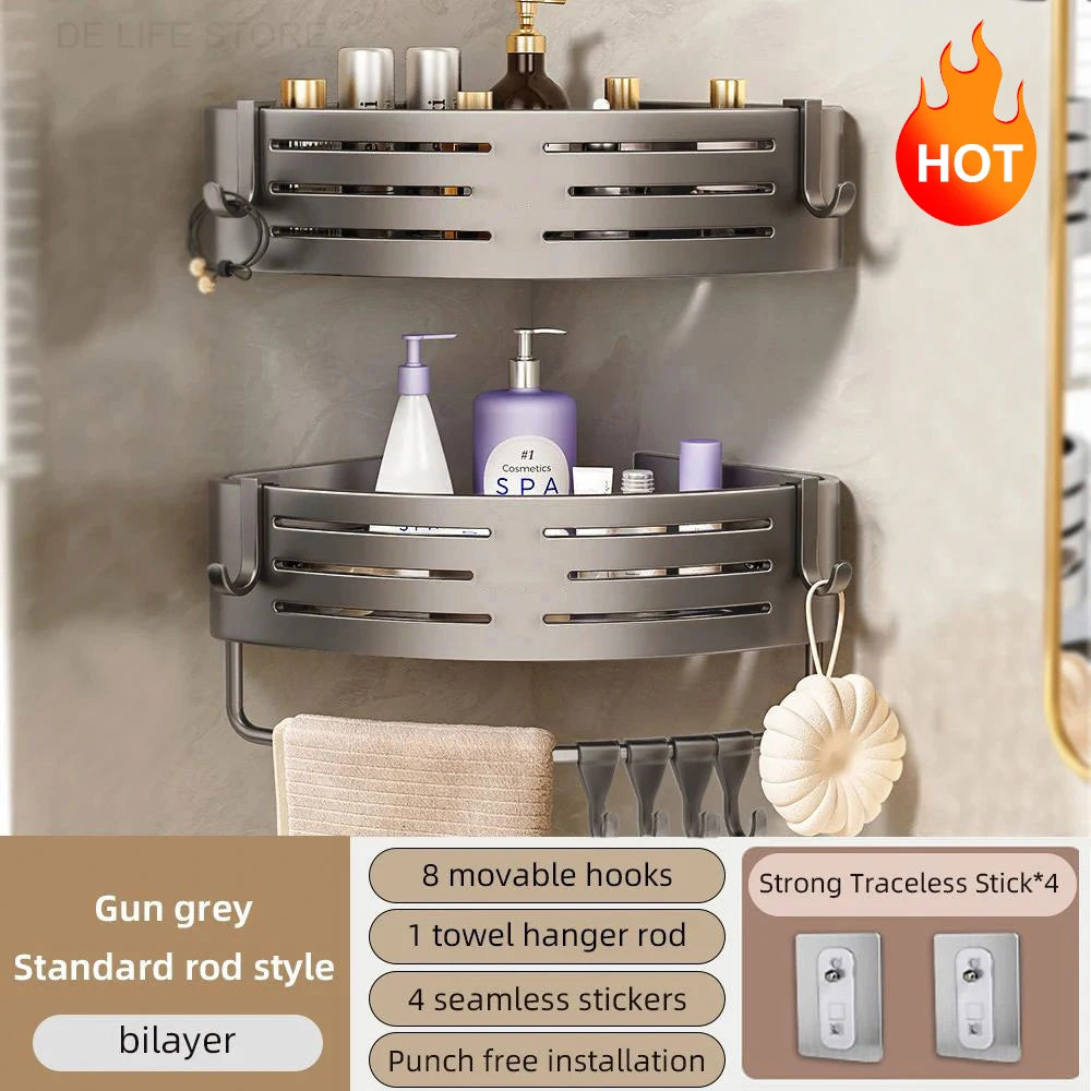 Space-Saving Bathroom Corner Shelf with Plastic Hook and Towel Bar for No-Drill Installation