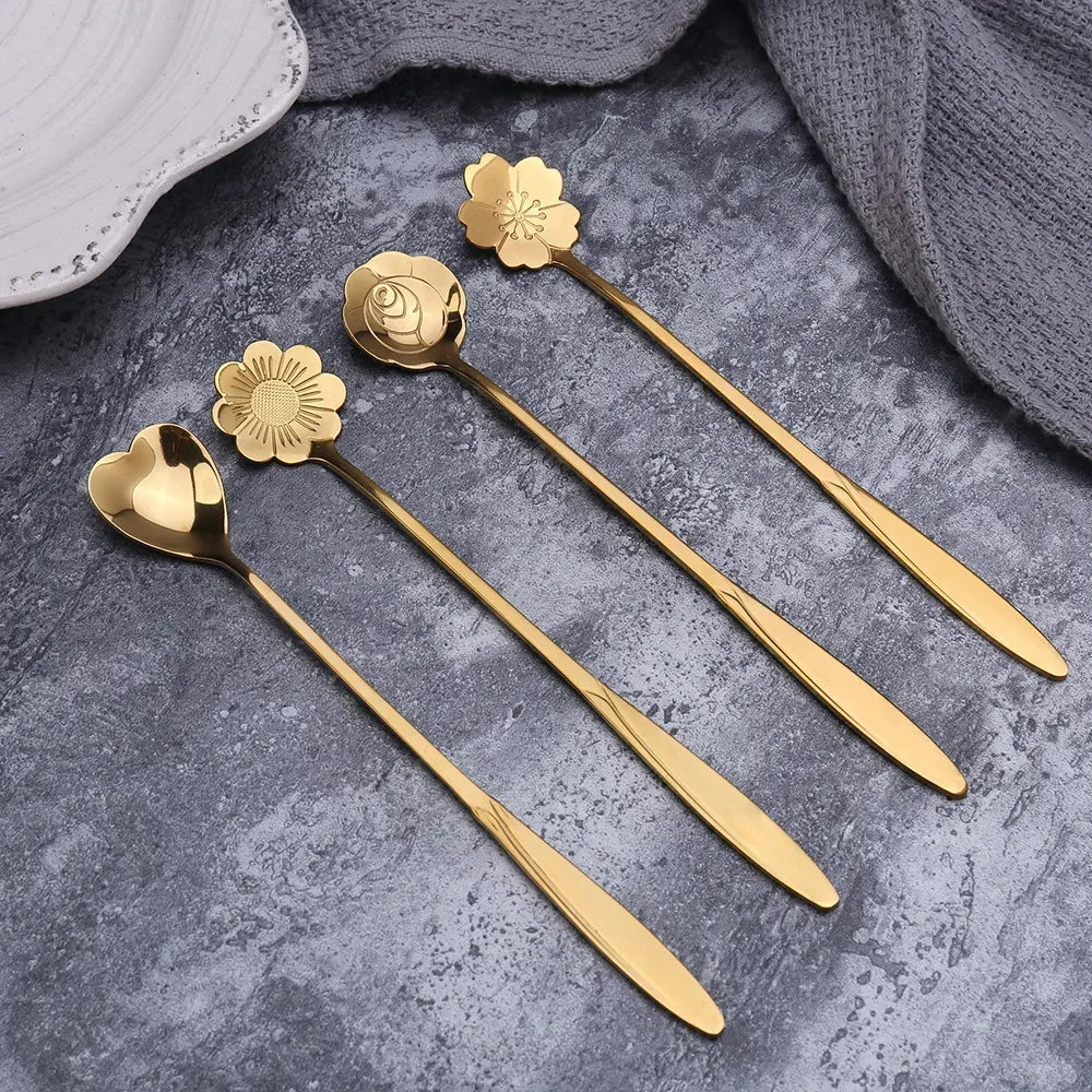 Elegant 6-Piece Gold Flower Stainless Steel Coffee Spoon Set with Long Handles