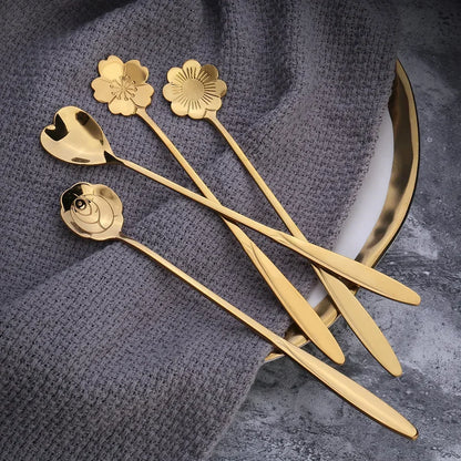 Elegant 6-Piece Gold Flower Stainless Steel Coffee Spoon Set with Long Handles