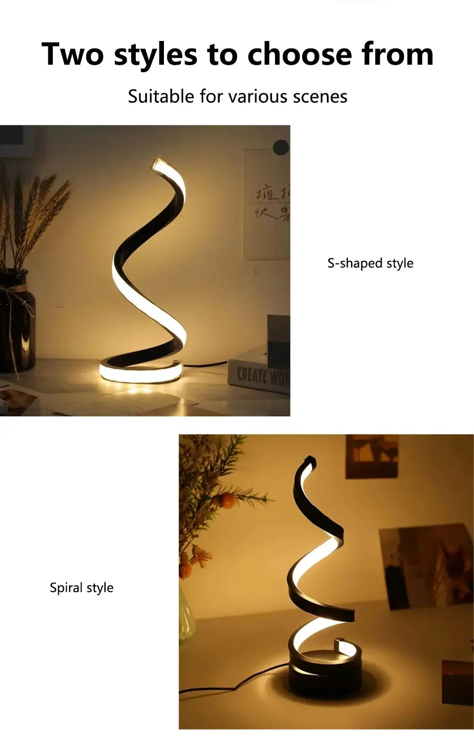 Elegant Spiral LED Night Lamp with Adjustable Brightness for Bedside, Desk, and Home Ambience